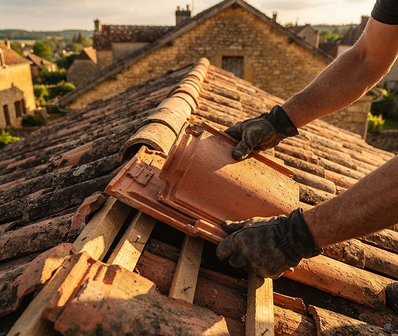 Artisan posant des tuiles en terre cuite sur une toiture française